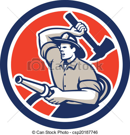 450x470 Fireman Firefighter Holding Hose Axe Circle Retro . Eps Vector