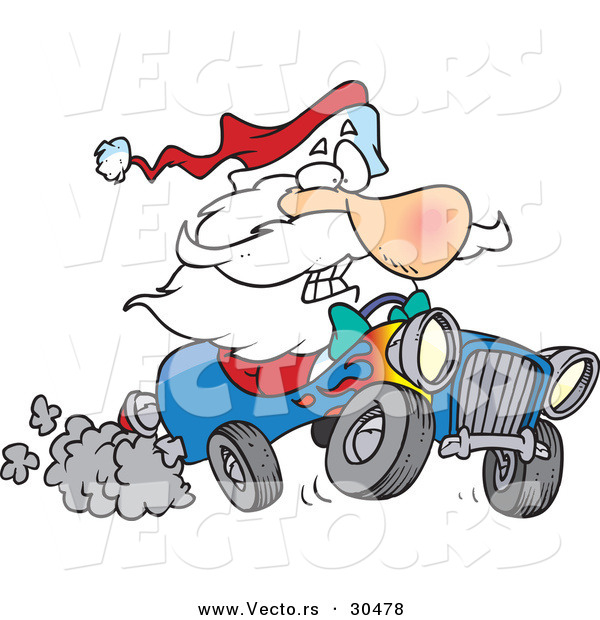 600x620 Cartoon Vector Of A Scared Santa Driving Super Fast Hot Rod Car By