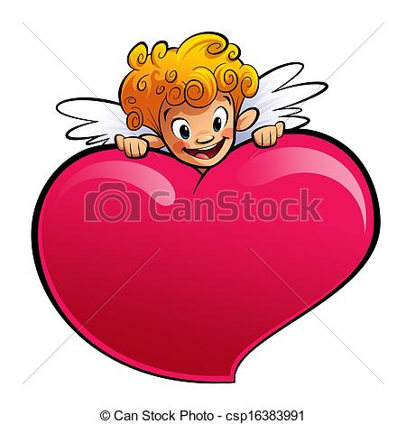 450x470 Cupid Behind A Huge Heart. A Blonde Happy Cupid, Smiling