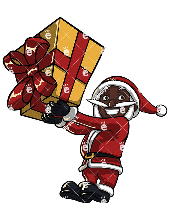 585x755 Black Santa Claus Holding A Huge Gift Box Cartoon Vector Clipart