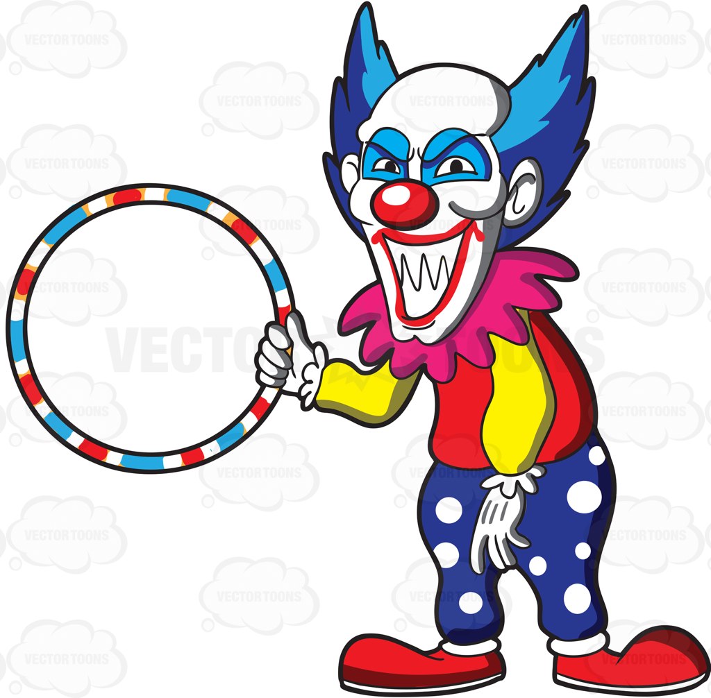 1024x1006 A Scary Looking Clown Holding A Hula Hoop Cartoon Clipart Vector