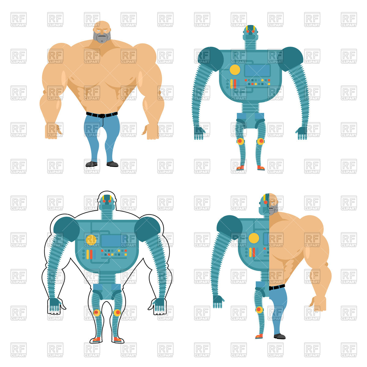 1200x1200 Set Of Cyborgs. Robot In Human Body. Royalty Free Vector Clip Art