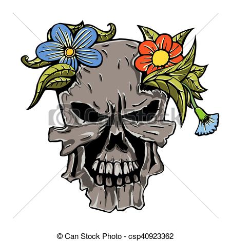 450x470 Human Skull And Flowers. Human Terrible Skull And Flowers . Clip