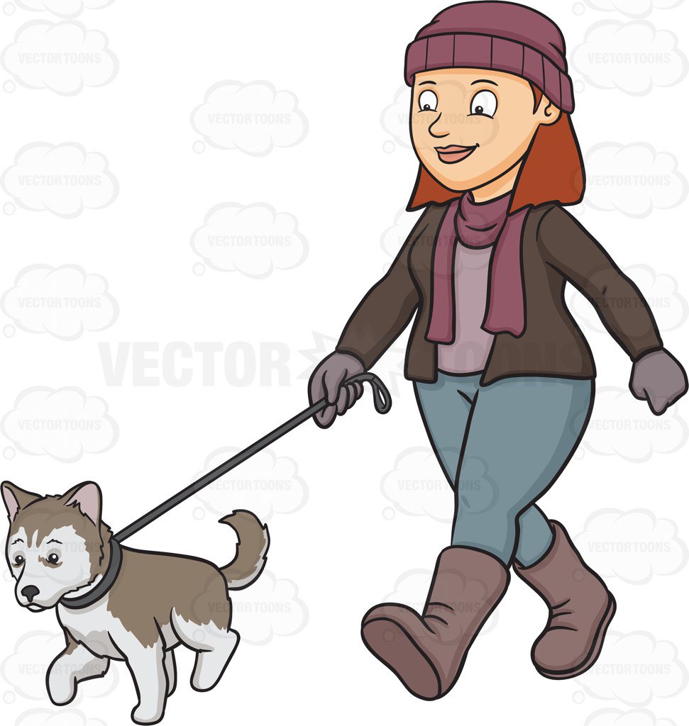 971x1024 A Woman Walking Her Siberian Husky Puppy Cartoon Clipart Vector