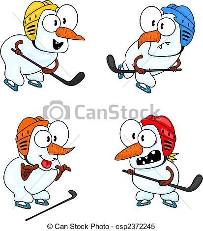 413x470 Snowmen Play Hockey. Four Cartoon Snowmen Play Ice Hockey. Clipart