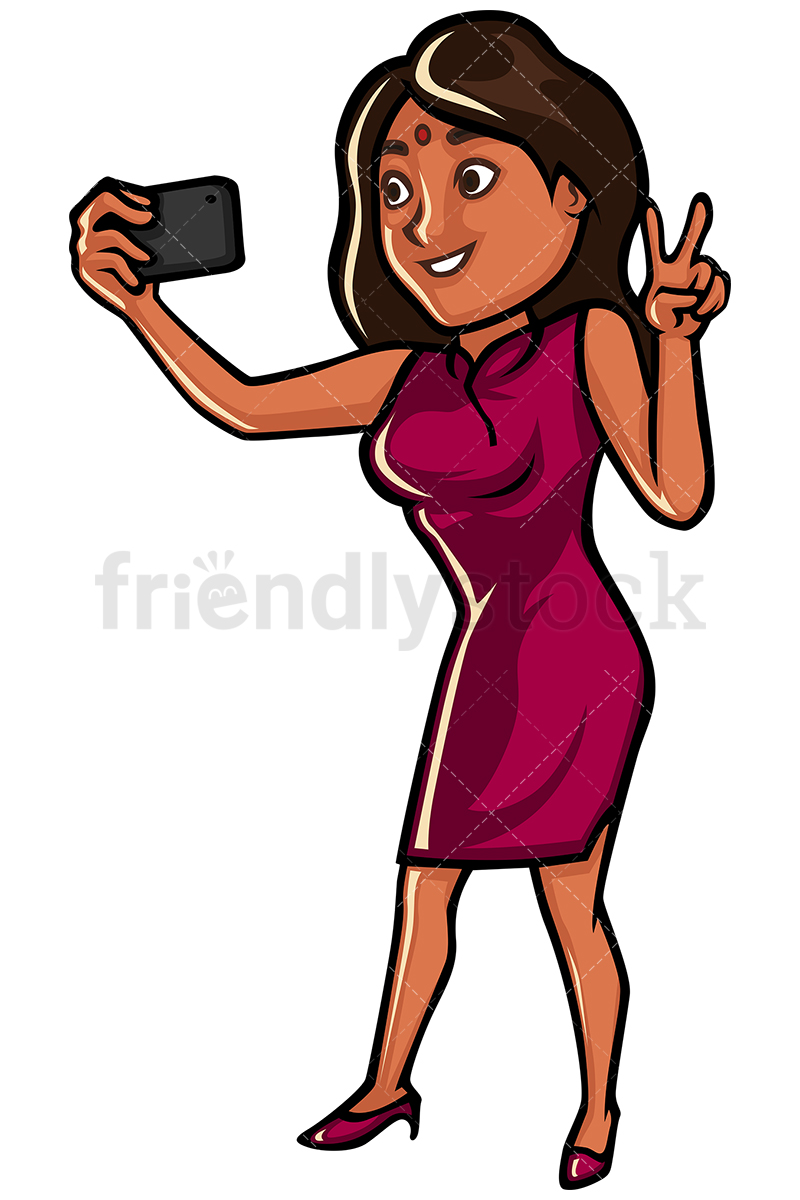 800x1200 Indian Woman Taking Selfie With Cellphone Vector Cartoon Clipart