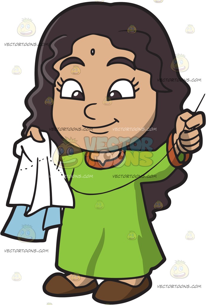 693x1024 An Indian Girl Hand Sewing A Piece Of Fabric Cartoon Clipart