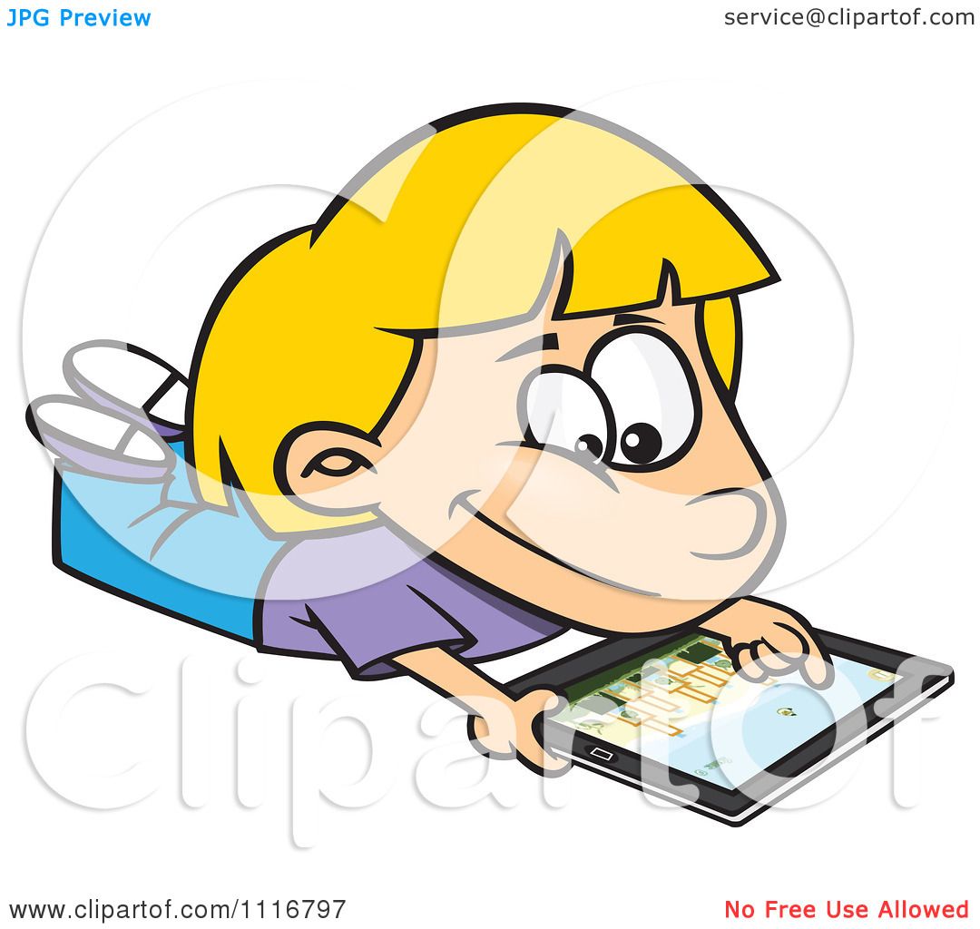 1080x1024 Cartoon Of A Blond Girl Using An Ipad Tablet Computer