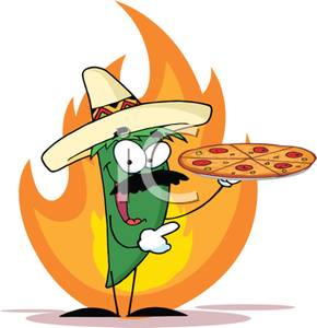 290x300 A Flaming Hot Jalapeno Holding A Pizza Pie Clip Art Image