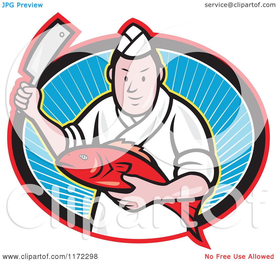 1080x1024 Clipart Of A Japanese Fishmonger Or Chef Holding A Fish And Knife