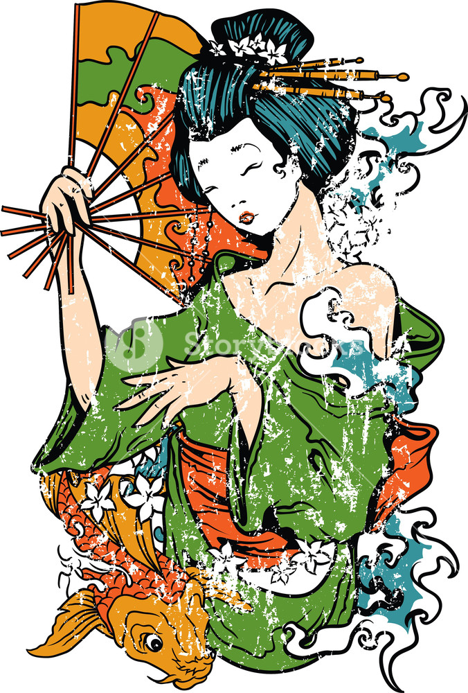 676x1000 Japanese Vector T Shirt Design With Geisha Royalty Free Stock