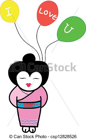 290x470 Japanese Girl Holding Three Balloons Vector Illustration