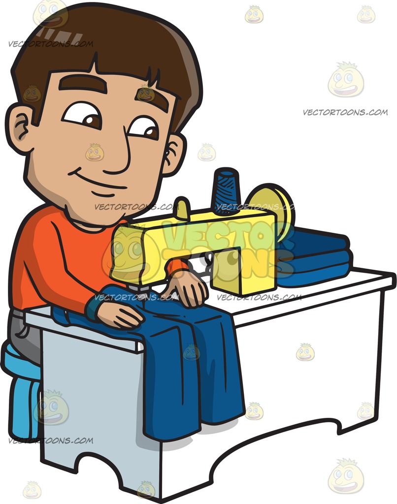 806x1024 A Man Sewing A Pair Of Blue Jeans Cartoon Clipart Vector Toons