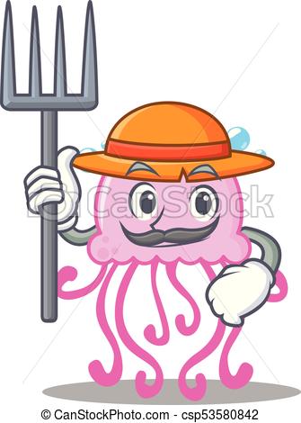 335x470 Farmer Cute Jellyfish Character Cartoon Vector Illustration Eps