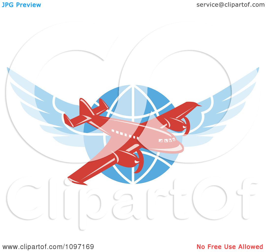 1080x1024 Clipart Retro Red Jumbo Jet Propeller Airplane Over A Winged Globe