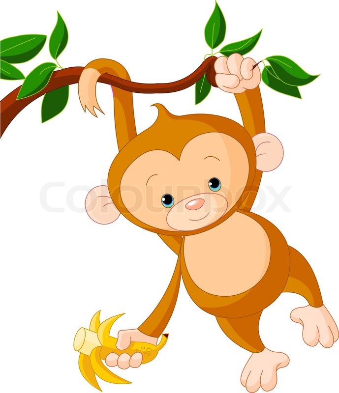 689x800 Cute Baby Monkey On A Tree Holding Banana Stock Vector Colourbox