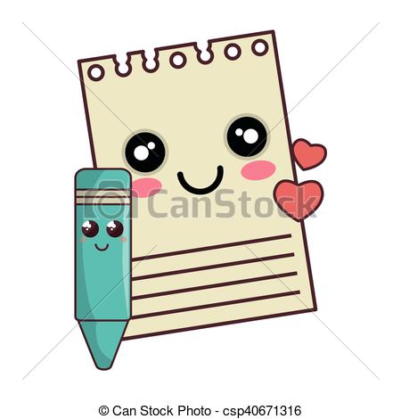 450x470 Notepad And Color Pencil Kawaii Cartoon. Paper Sheet And Vector