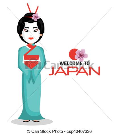 418x470 Girl Japanese Kimono Welcome Japan Icon Vector Illustration.