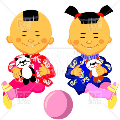 400x400 Chinese Baby Boy And Girl In National Costume (Kimono) With Panda