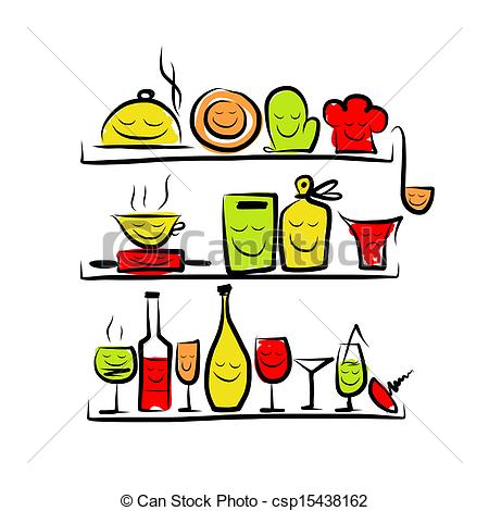 450x470 Kitchen Utensils Characters On Shelves, Sketch Drawing For Clip