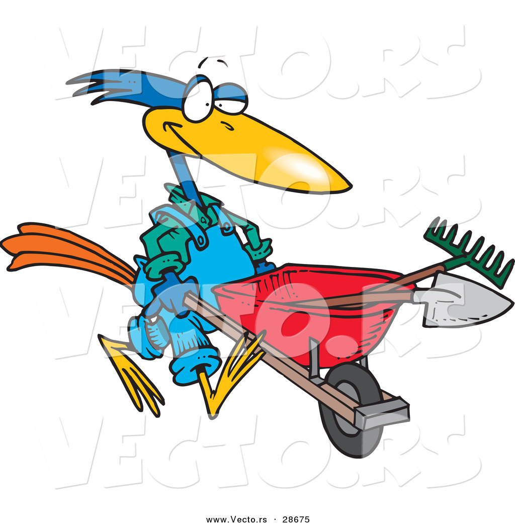 1024x1044 Vector Of A Cartoon Bird Pushing A Wheel Barrow With Landscaping