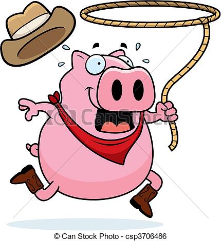 430x470 A Happy Cartoon Rodeo Pig With A Lasso. Clip Art Vector