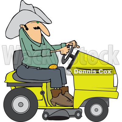 400x400 Clipart Of A Chubby Cowboy Riding A Yellow Lawn Mower
