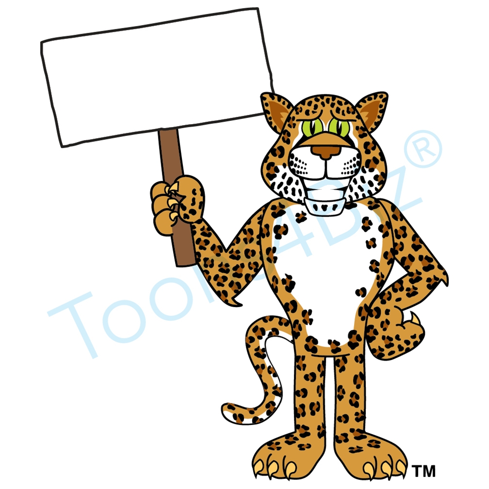 1000x1000 Leopard Mascot Holding Sign Clip Art Graphic