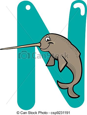 355x470 N For Narwhal. Cartoon Illustration Of N Letter For Narwhal Vector