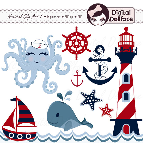 570x570 Nautical Clipart, Summer, Anchor, Whale, Sailboat, Octopus, Waves