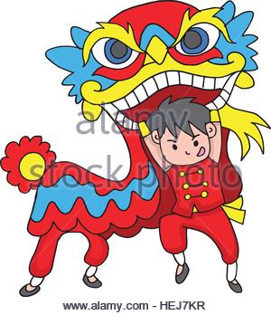 300x348 A Vector Illustration Of Chinese Boy Dancing A Lion Dance Stock