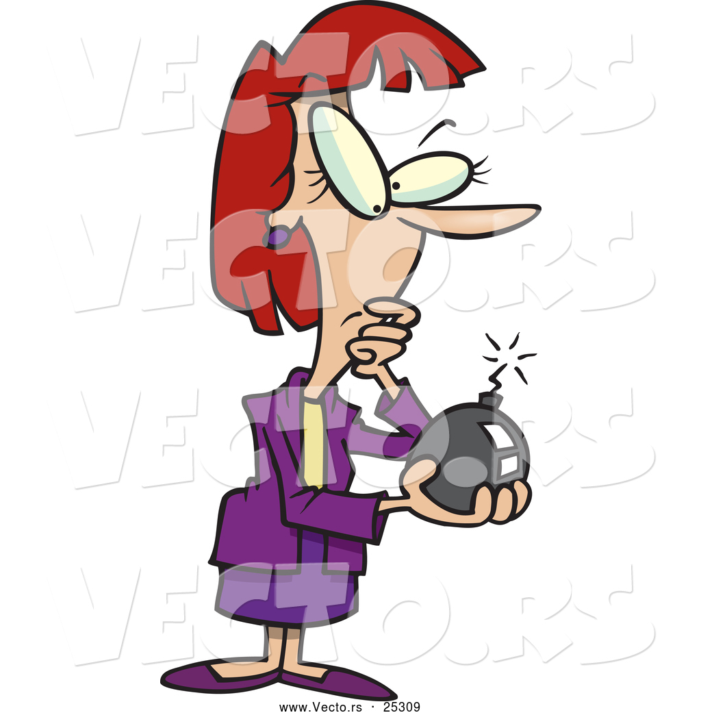1024x1044 Vector Of A Contemplating Cartoon Businesswoman Holding A Lit Bomb