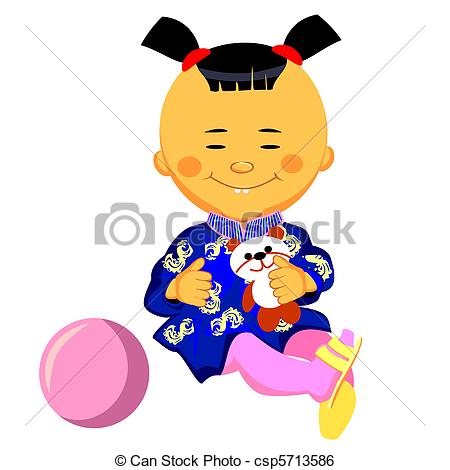 450x470 Vector Chinese Little Girl Plays With A Panda. Vector Clip Art