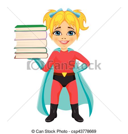 450x470 Cute Little Girl Wearing Superhero Costume Holding Stack