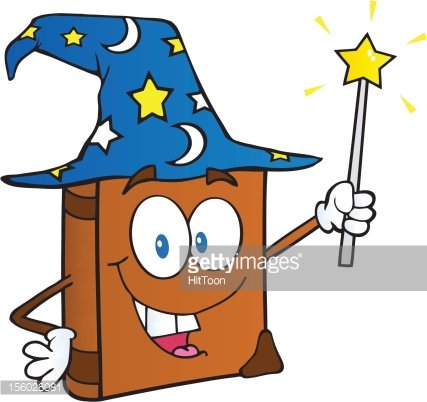 427x402 Happy Wizard Book Cartoon Character Holding A Magic Wand Premium