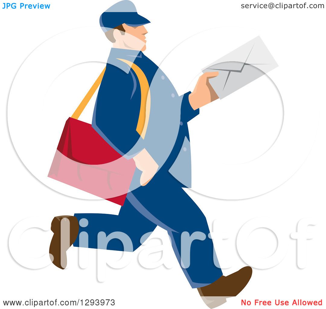 1080x1024 Clipart Of A Retro Blue Mailman Holding An Envelope And Walking