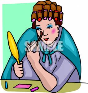 284x300 A Woman With Curlers In Her Hair, Putting On Her Makeup