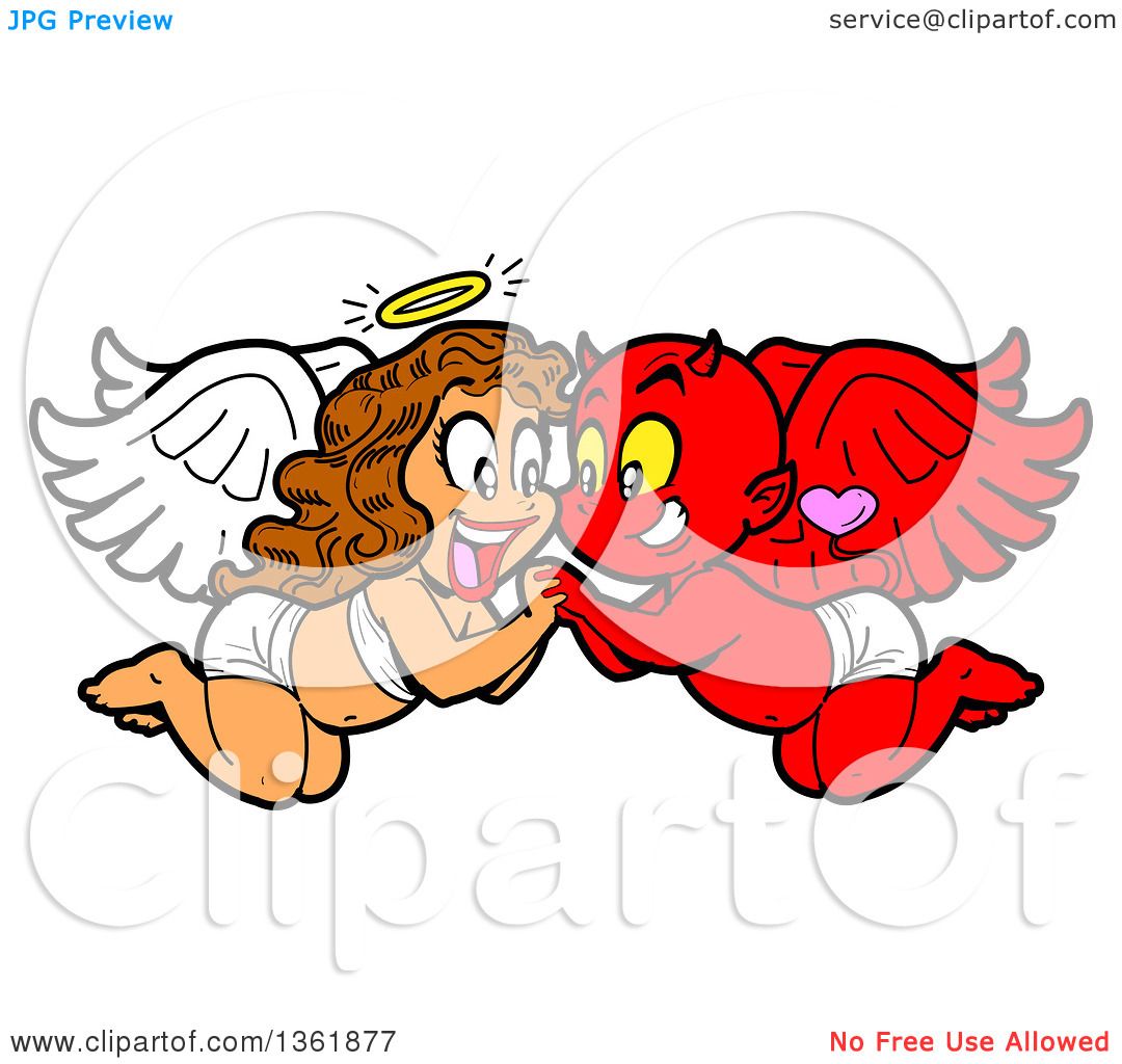 1080x1024 Clipart Of A Cartoon Happy Female Angel And Male Devil In Love