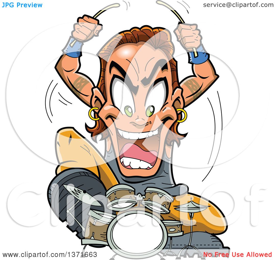 1080x1024 Clipart Of A Crazy White Male Metal Band Drummer Musician