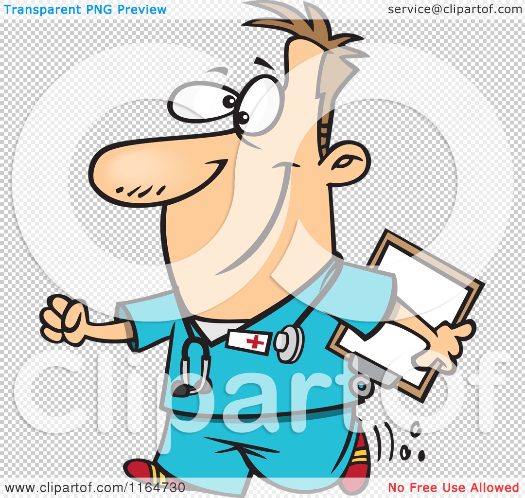1080x1024 Cartoon Of A Happy Male Nurse Carrying A Clipboard