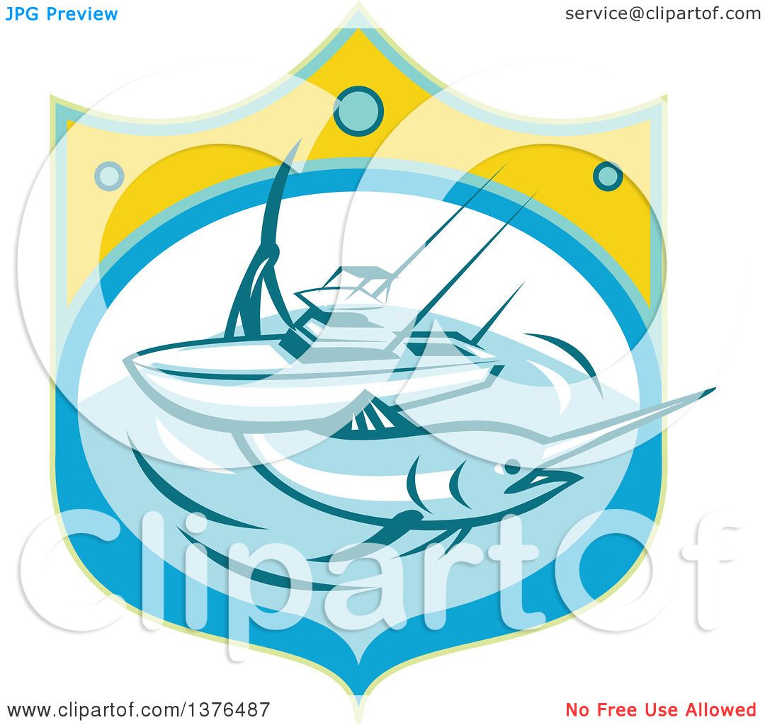 1080x1024 Clipart Of A Retro Blue Marlin Fish And Charter Boat