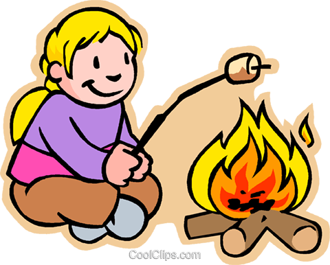 480x386 Girl Toasting Marshmallow Over Fire Royalty Free Vector Clip Art
