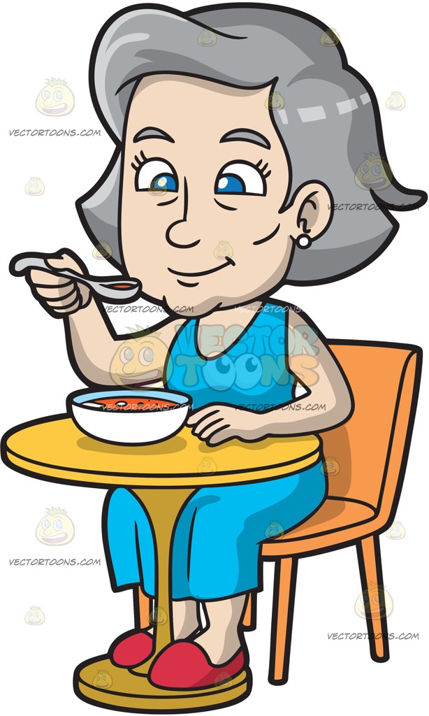 614x1024 A Mature Woman Sipping Some Soup Cartoon Clipart Vector Toons