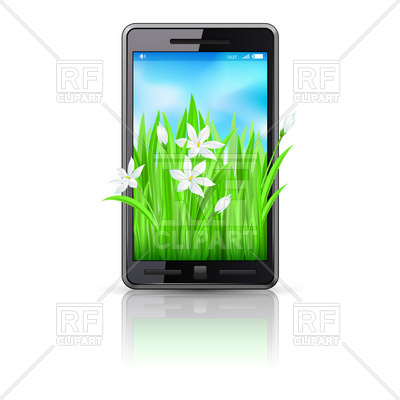 400x400 Smartphone With Blooming Flowers On The Green Grass Meadow Royalty