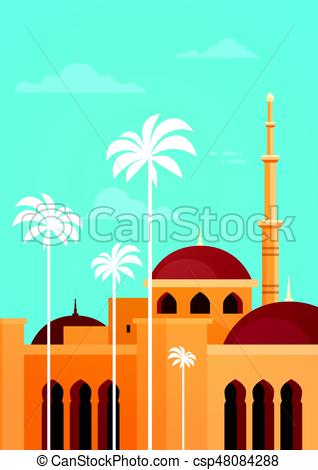 318x470 Muslim Cityscape Nabawi Mosque Building Religion Flat Vector