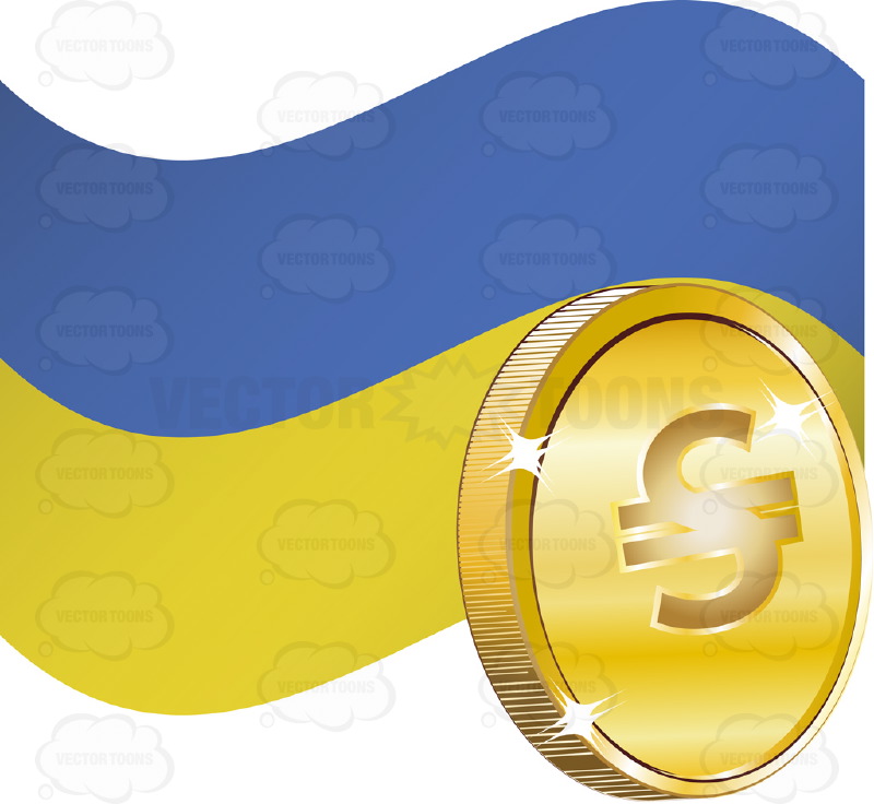 800x736 Ukraine Flag With Hryvnia Sign On Gold Coin Cartoon Clipart