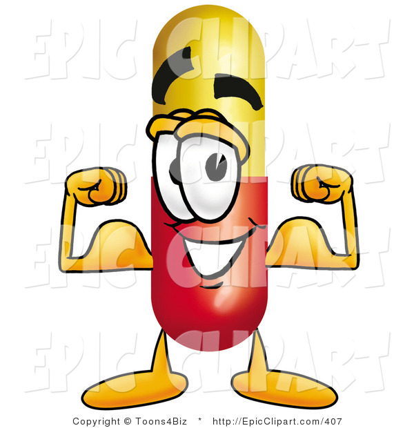 600x620 Clip Art Of A Strong Medicine Pill Capsule Mascot Cartoon
