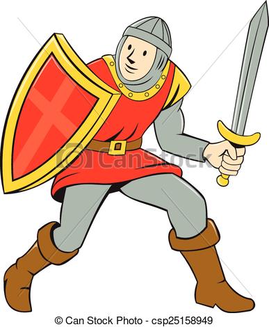 387x470 Medieval Knight Shield Sword Standing Cartoon. Illustration