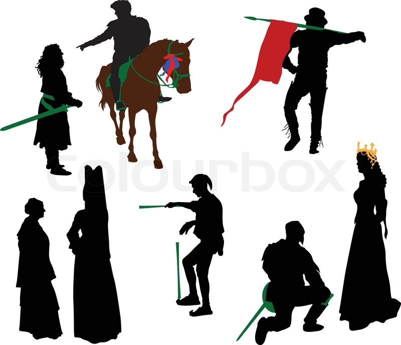 800x688 Silhouettes Of People In Medieval Costumes. Knight, Queen, Juggler