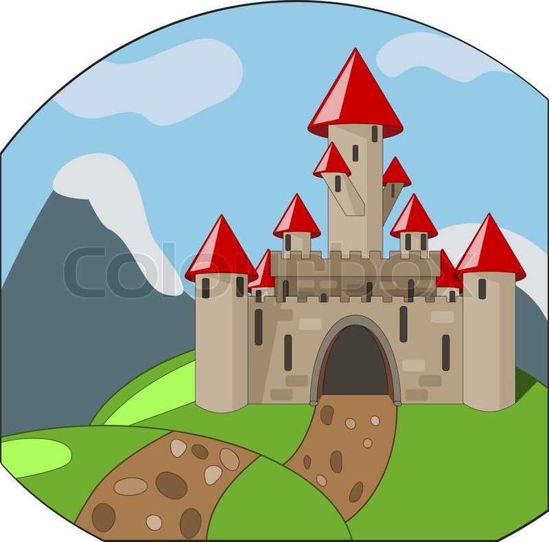 800x790 Vector Cartoon Medieval Castle On Background With Mountains
